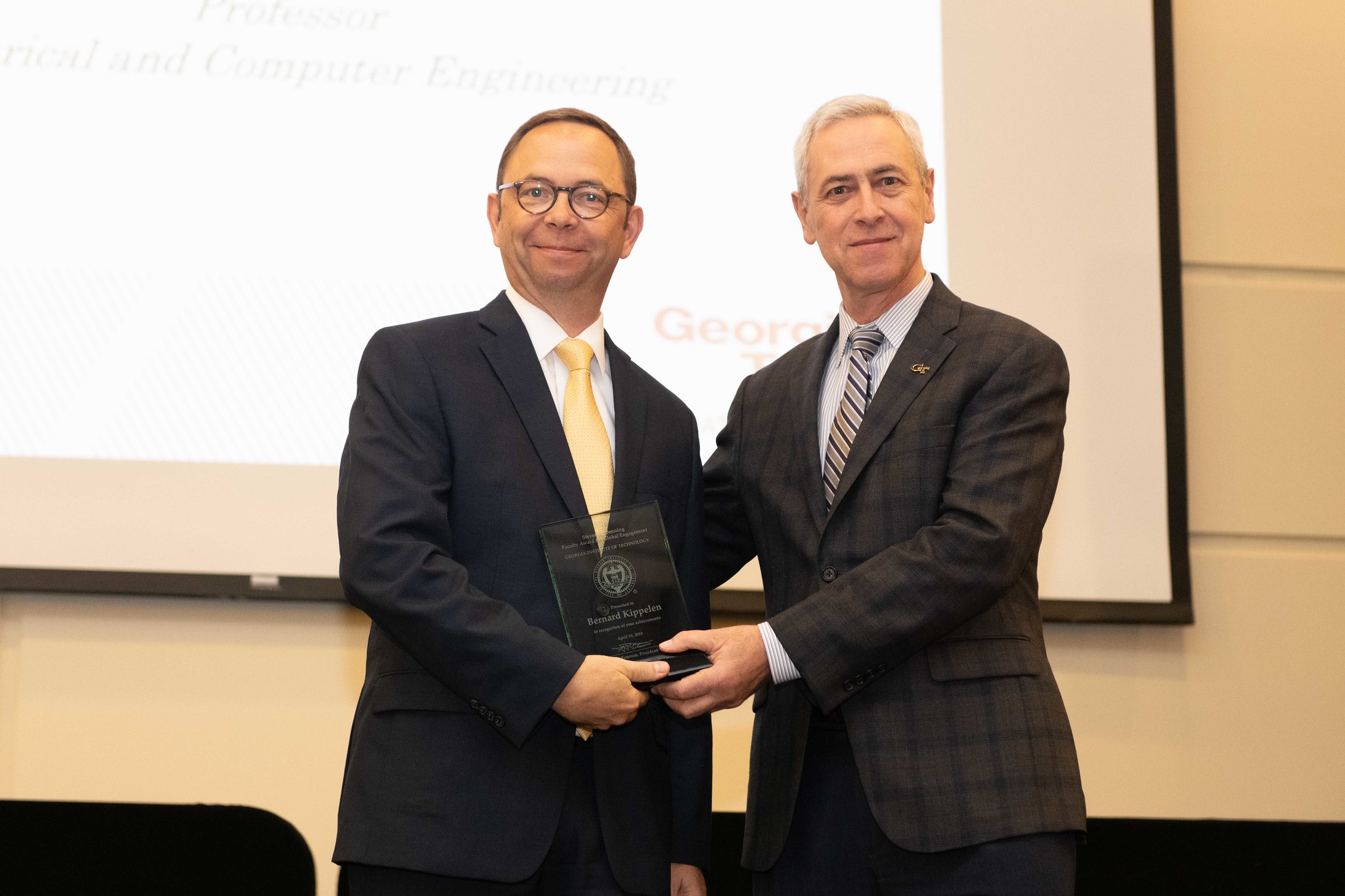 ECE Professor Bernard Kippelen (left) with Vice Provost for International Initiatives Yves Berthelot