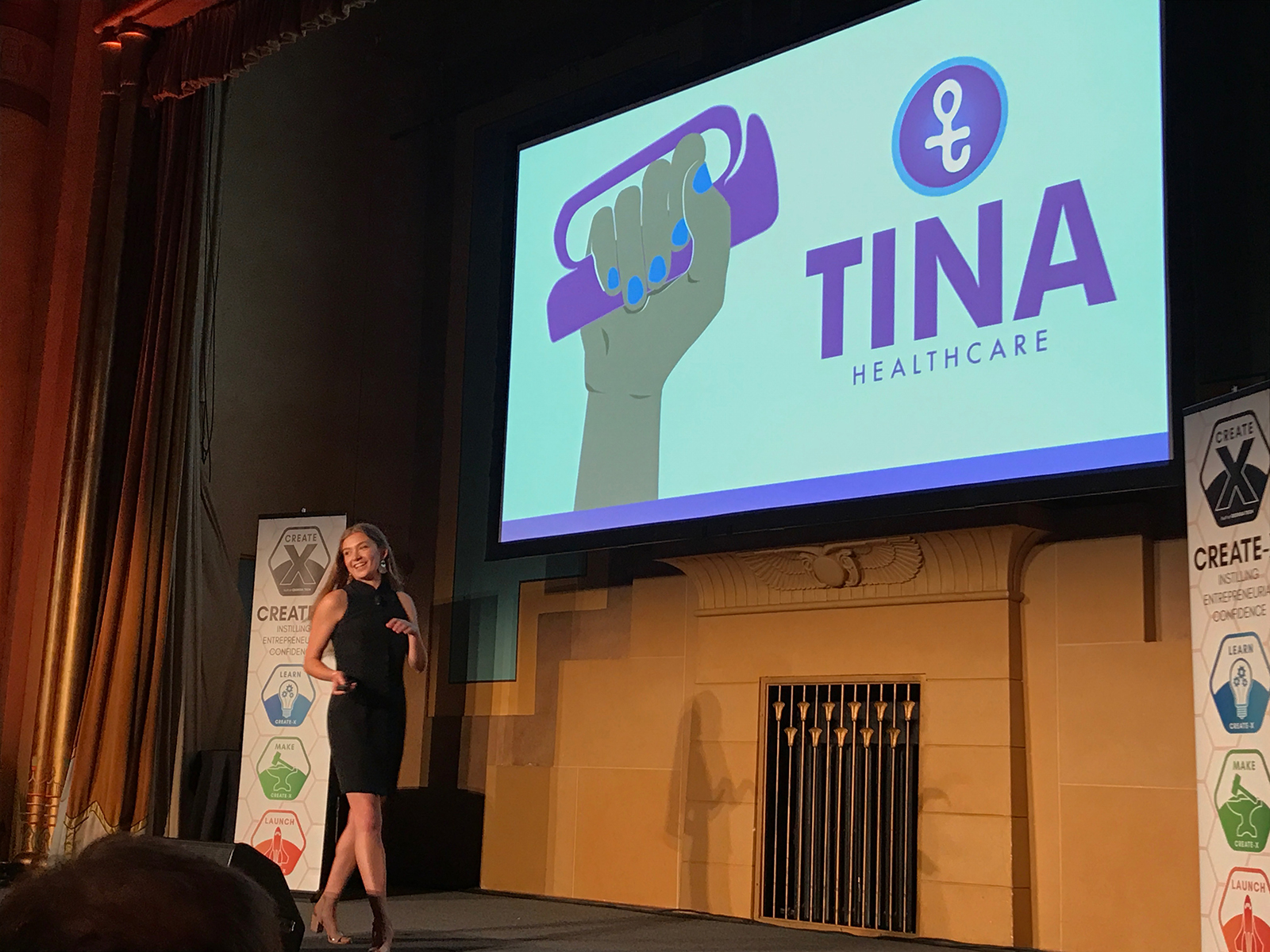 Sarah Bush and her startup, TINA, at CREATE-X Demo Day, held at the Fox Theatre in August 2018. Sarah Bush and her startup, TINA, at CREATE-X Demo Day, held at the Fox Theatre in August 2018.