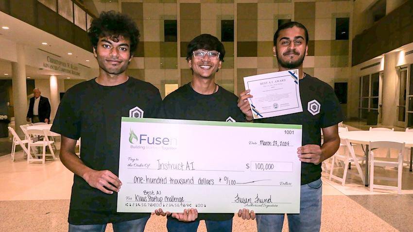 InstructAI founders and CS majors Arnav Chintawar, Dhruv Roongta, and Sahibpreet Singh earned a $100,000 offer for winning the Klaus Startup Challenge InstructAI founders and CS majors Arnav Chintawar, Dhruv Roongta, and Sahibpreet Singh earned a $100,000 offer for winning the Klaus Startup Challenge